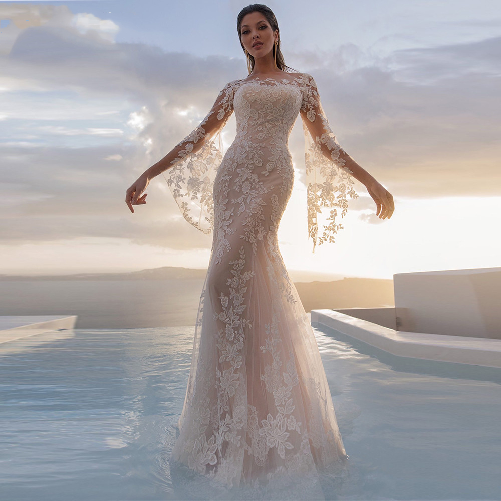 Flare Long Sleeves Mermaid Wedding Dresses Lace Appliques Back Buttons Illusion Sexy Beach Bridal Gowns 2024 Sweep Train Bohemian Bride Dress Vestido 