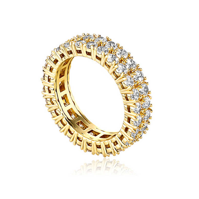 GZW 2.5mm-3mm New Double Row Full Zirconium Band Ring Prong Cubic Zirconia 14k Gold Color Preserving Plating Hip Hop Finger Rings For Men Women Simple