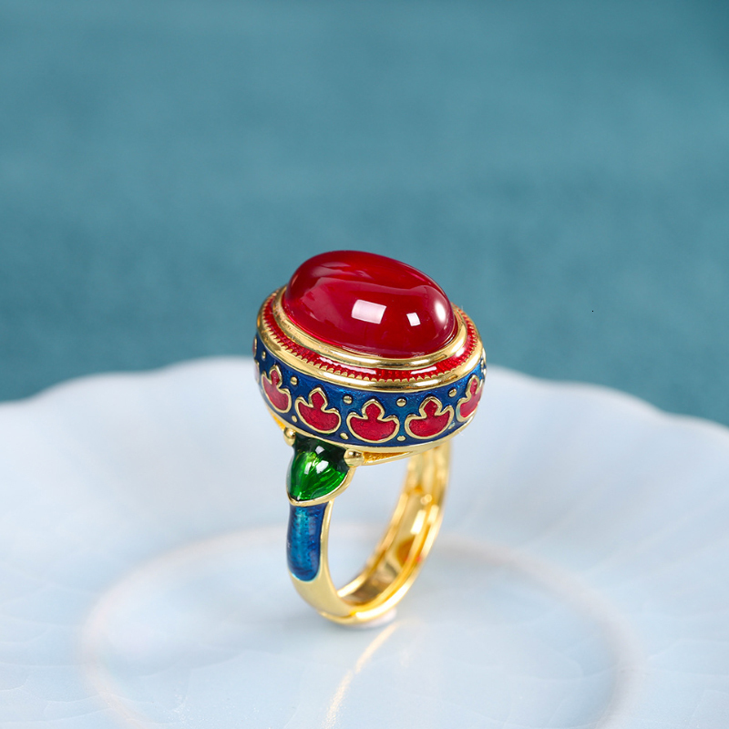 Solitaire Ring Original ancient gold craftsmanship natural carnelian rings for women flower enamel national style light Wedding jewelry 230424
