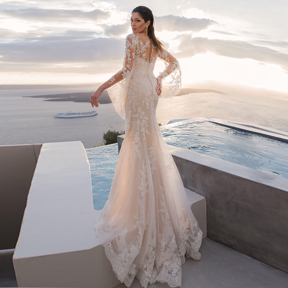 Flare Long Sleeves Mermaid Wedding Dresses Lace Appliques Back Buttons Illusion Sexy Beach Bridal Gowns 2024 Sweep Train Bohemian Bride Dress Vestido 