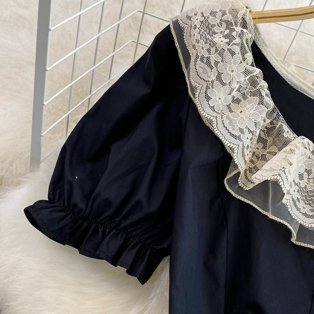 French Tea Break Dress Summer Celebrity Charm Round Neck Bubble Short Sleeve Waist Wrap Show Thin A-line Mesh Dress