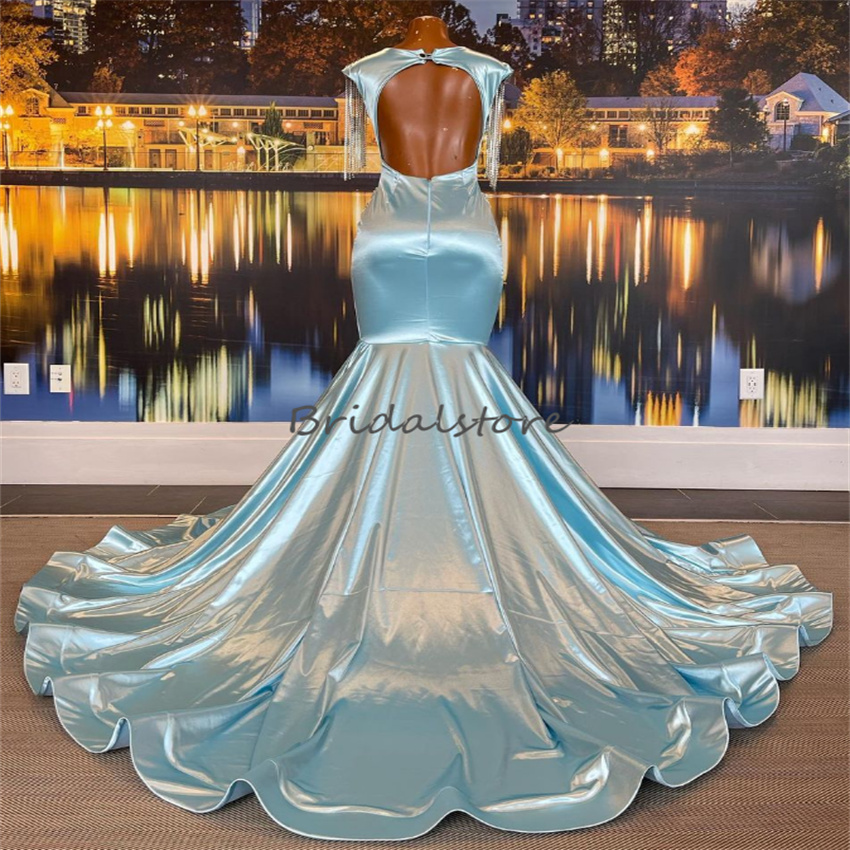 Luxury Sky Blue Prom Dress With Crystal Tassel Mermaid Black Girls Formal Party Gowns 2023 Open Back Pageant Ceremony Evening Dresses vestidos de fies