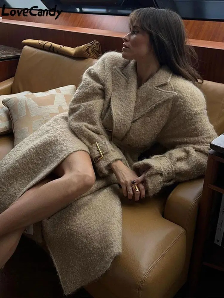 Women Blends Vintage Blend Long Coat for Women Autumn Winter Casual Sleeve Double Breasted Lapel Jacket 2023 Female Street Overcoat 231124