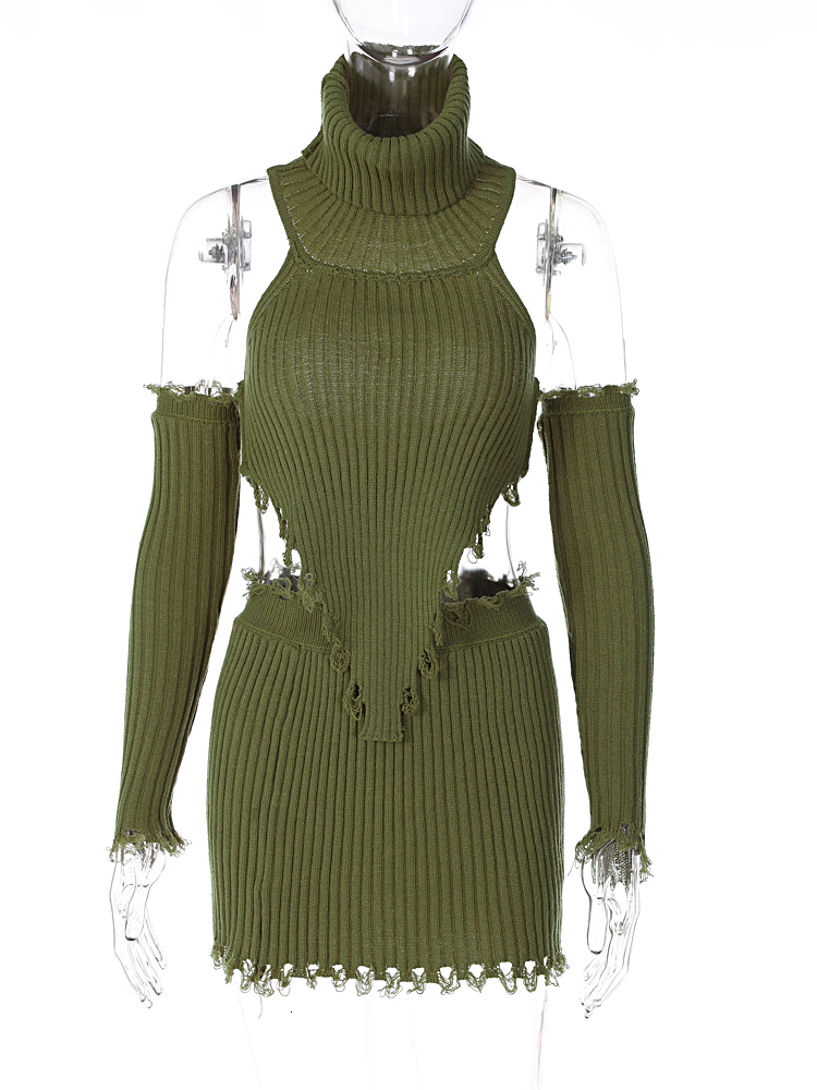 Two Piece Dress Hugcitar Ribbed Turtleneck Backless Irregular With Gloves Crop Sweater Top Skirt 2 Pcs Set Autumn Women Vacation Rave Party 230425