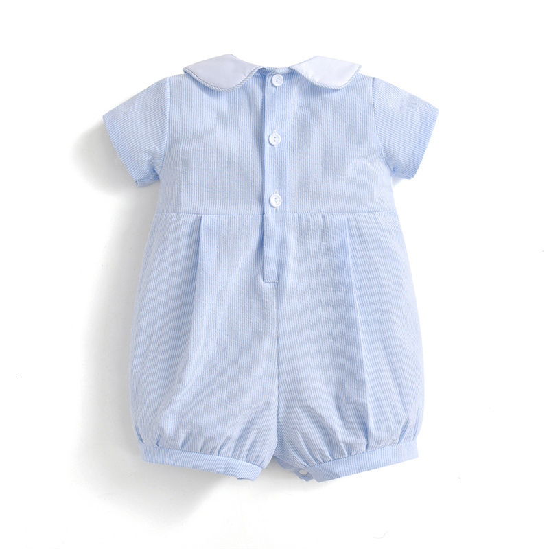 Rompers Baby Boy Smocked Blue Romper Children Embroidered Car Jumpsuit Peter Pan Collar Spanish Boutique Baby Boy Romper Clothes 230425