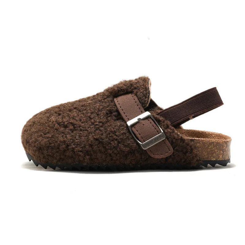 Slipper Child Baby Boys Girls Warm Fuzzy Plush Sandals Cork Faux Fur Flats Toddler Prewalker Elastic Back Strap 231124