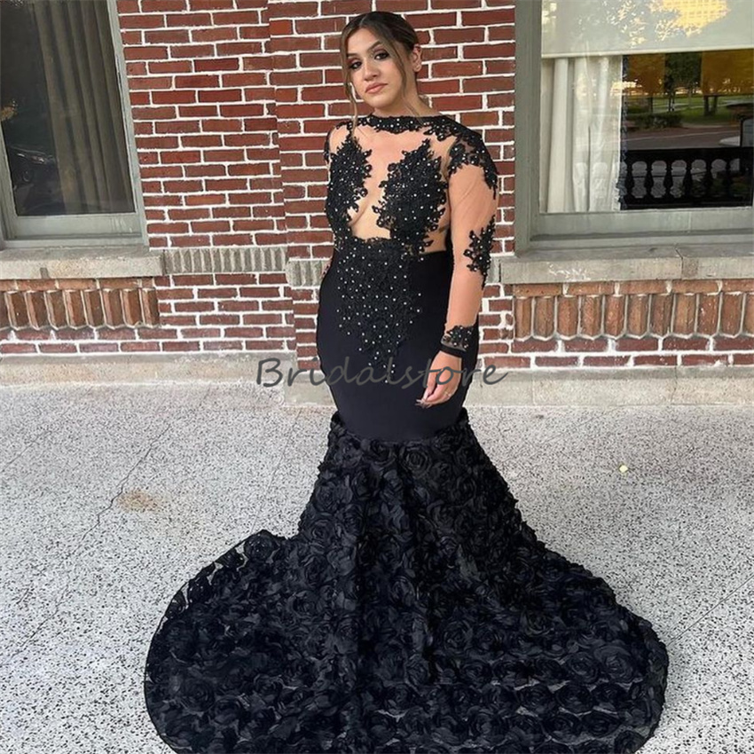 Black Rose Florals Mermaid Prom Dress With Long Sleeve Plus Size Evening Dress Vintage Beaded Lace Sexy Backless Birthday Gowns 2023 Elegant Formal Oc