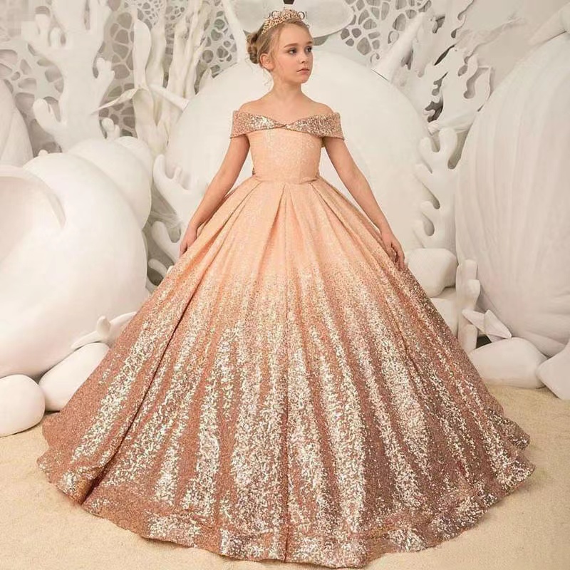 2023 Flower Girl Dresses for wedding sequined off shoulder big bow backless Kids Pageant Dress beaded Girls baby Birthday Party birthday party Christm