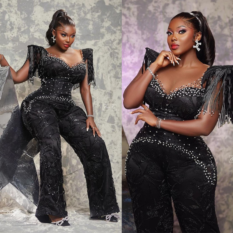 Plus Size Aso Ebi Jumpsuit urious Prom Gowns Beading Long Sleeves Modest Evening Birthday Party Second Reception Dresses Formal Dress Engagement Gown 