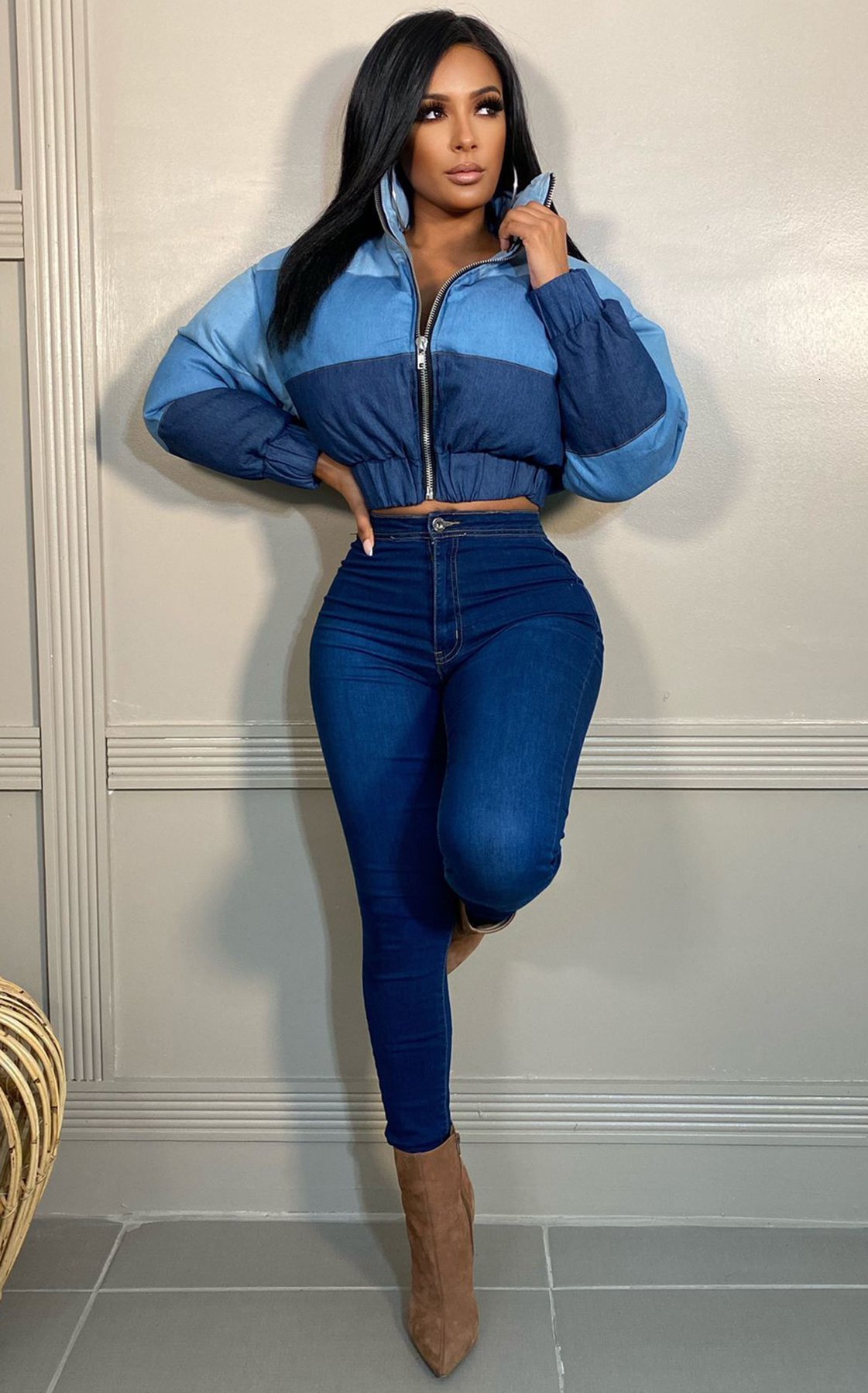 Women's Jackets Women's Patchwork Parka Puffer Coat Gradient Color Parkas Jacket Winter Warm Loose Zipper Stripe denim Crop Top 230425