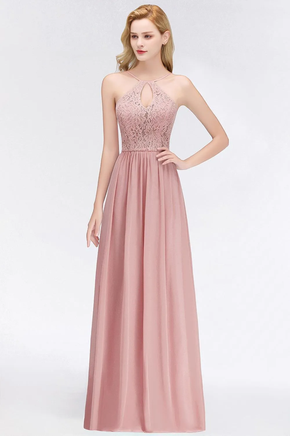 Designer Long Maxi Prom Sleeveless Halter Neckline Chiffon Skirt With Lace Bodice Illusion V-Back Formal Evening Party Gowns Bridesmaid Dress Cps1069 