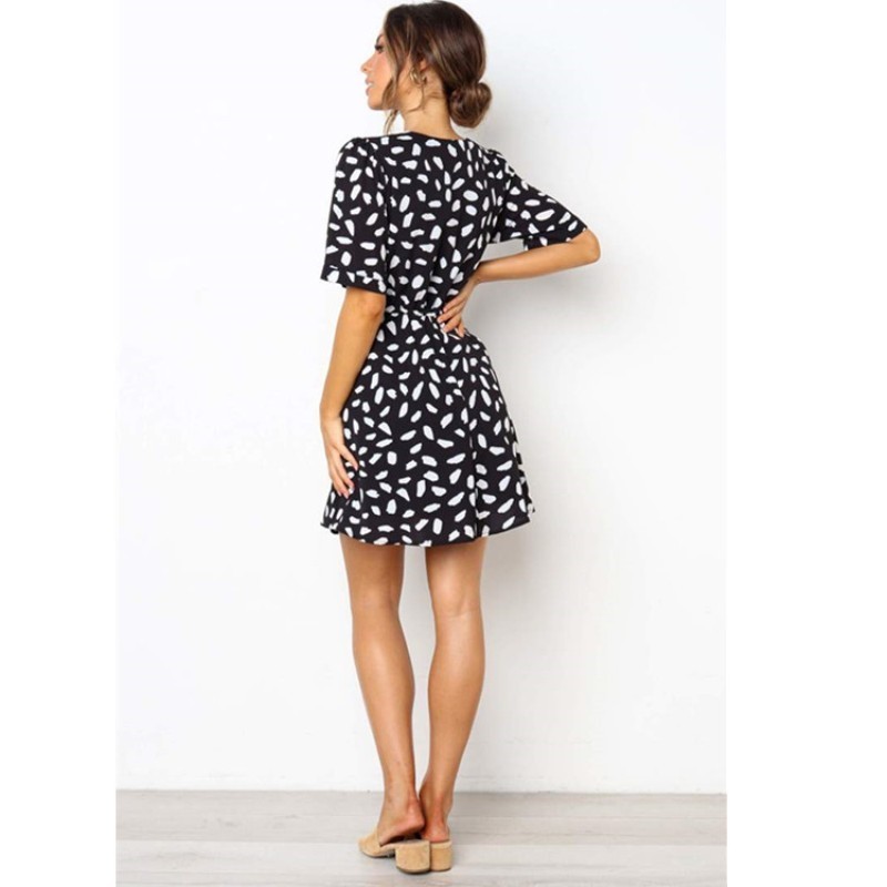 Casual Dresses White Sand Spot Mini Summer Dresses Women V Neck Casual Beach Sundress Sexy Botton Wrap Bodycon Dress Female 230425