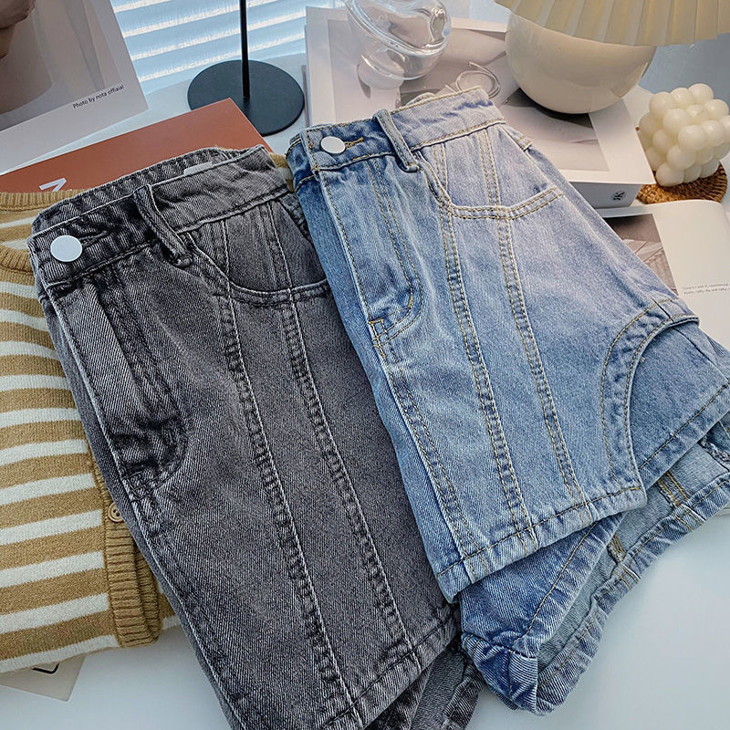 Women's Shorts Summer Women's Blue Black Shorts Fashion High Waist Spliced Solid Color Irregular A-line Wide Leg Denim Shorts Female 230425
