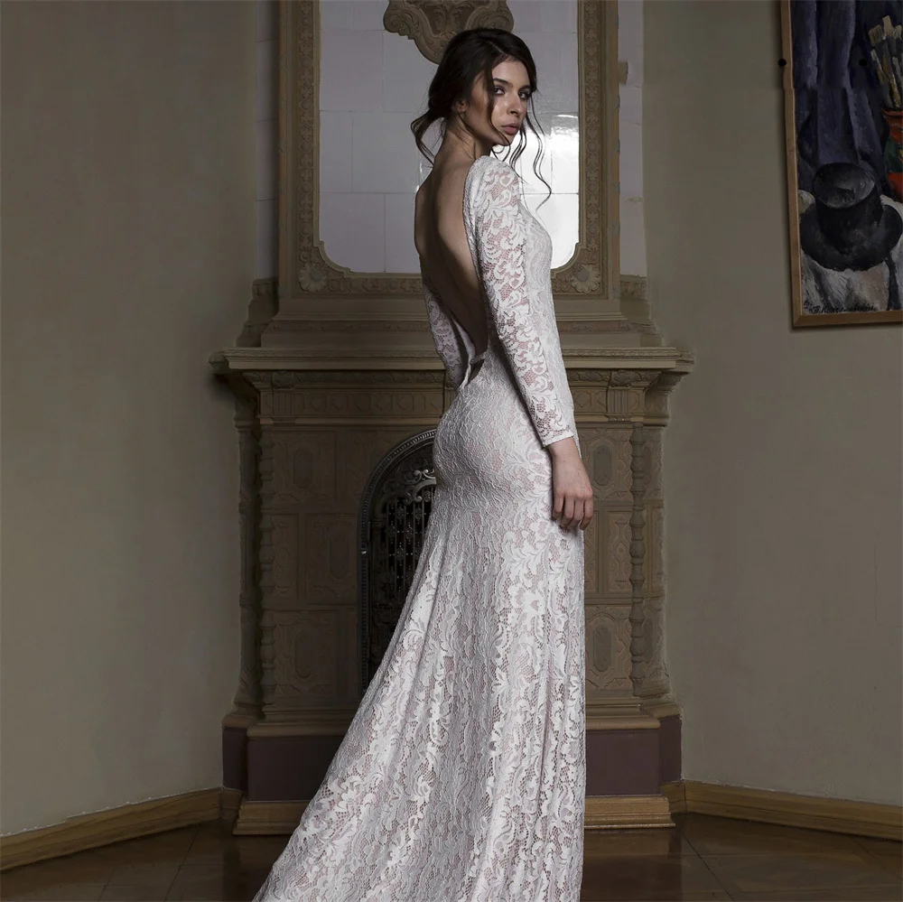 Sexy Backless Lace Mermaid Wedding Dress Long Sleeves Fitted Ivory Bridal Gowns Crew Neck Beach Boho Bride Dresses With Champagne Lining 2024 Spring