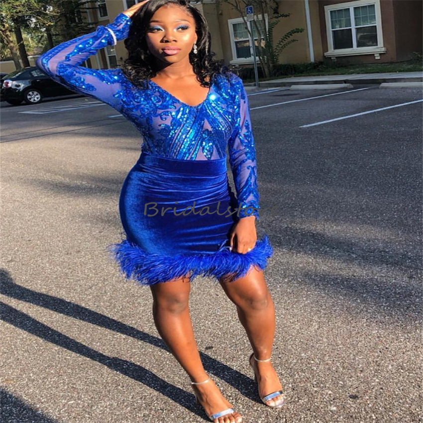 Royal Blue Sequin Short Prom Dress With Feather 2023 New in V Neck Sheah Cocktail Party Dresses Velvet Night Formal Graduation Robe De Soiree Black Gi