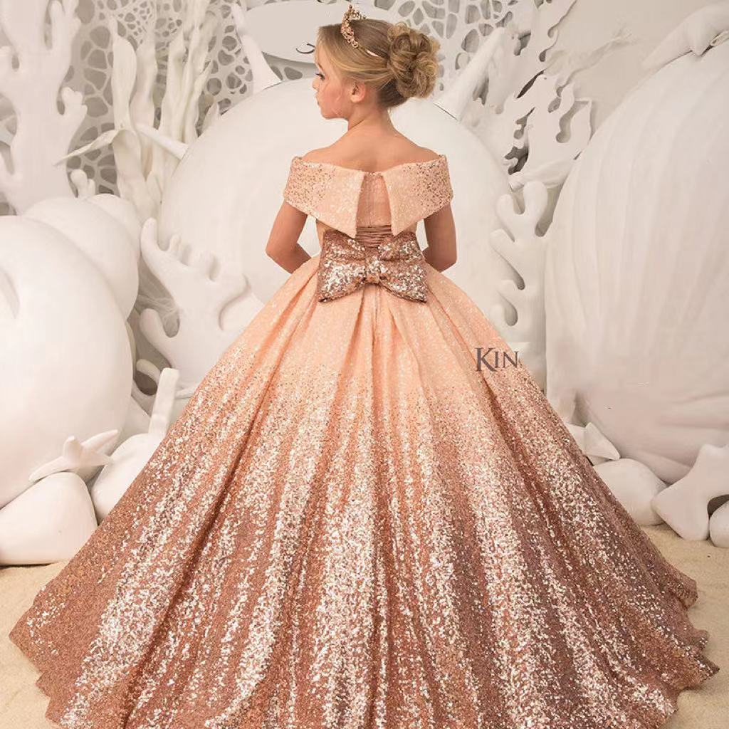 2023 Flower Girl Dresses for wedding sequined off shoulder big bow backless Kids Pageant Dress beaded Girls baby Birthday Party birthday party Christm