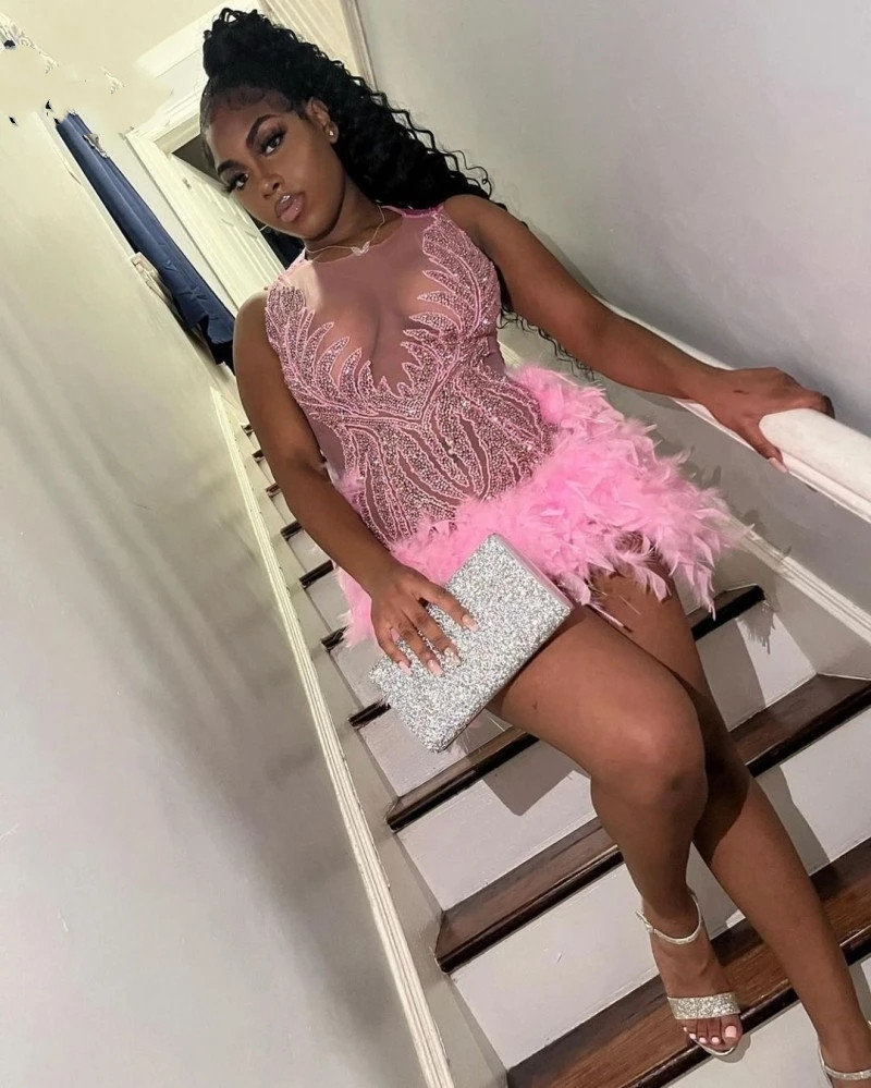 De Graduacion Vestidos Pink Feathers Prom Dresses for Black Girls 2023 Sequin Fitted Birthday Party Dress Tail Gowns 322