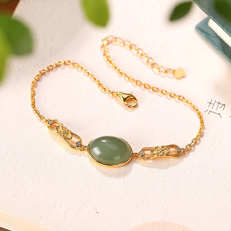 Beaded 925 sterling silver gold plated natural Hetian gray jade bracelet vintage personality hollow out Ruyi ladies Bracelet 230424