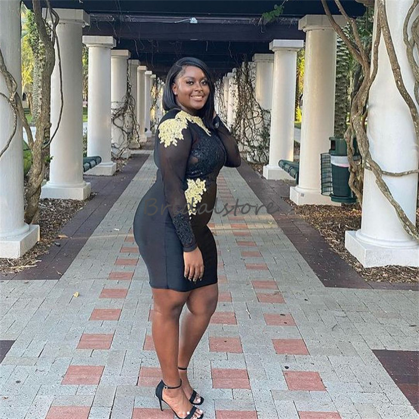 Black Plus Size Prom Dress With Gold Lae Long Sleeve Short African Evening Dresses 2023 Elegant Women Graduation Party Dress Sexy Women Night Formal H