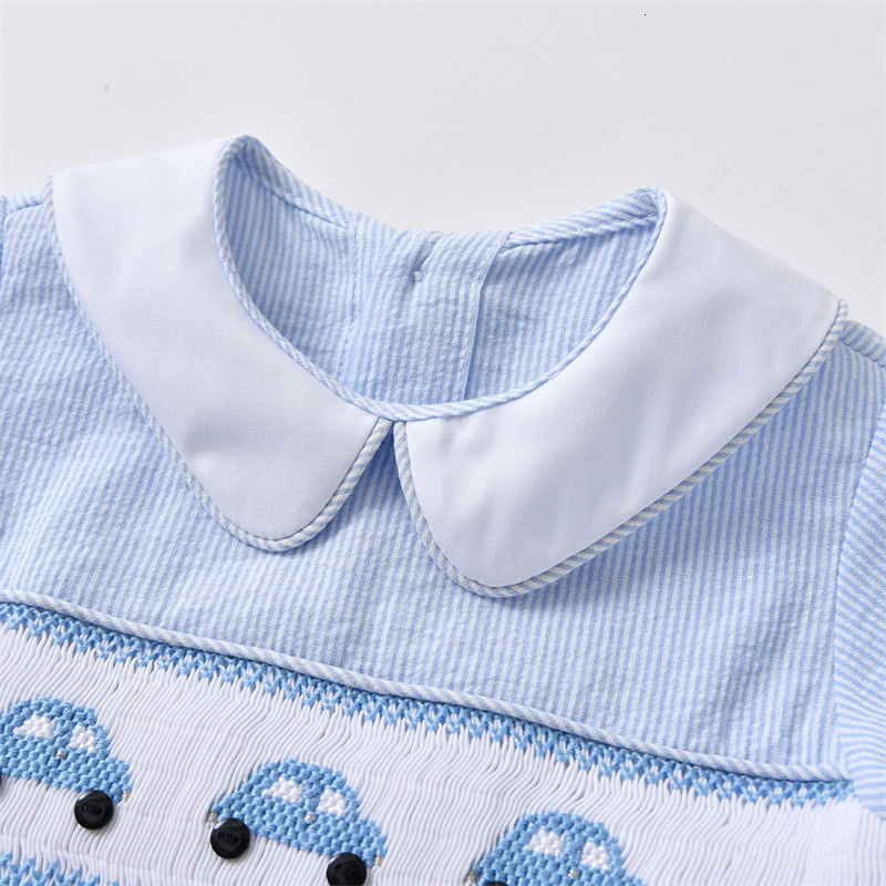 Rompers Baby Boy Smocked Blue Romper Children Embroidered Car Jumpsuit Peter Pan Collar Spanish Boutique Baby Boy Romper Clothes 230425