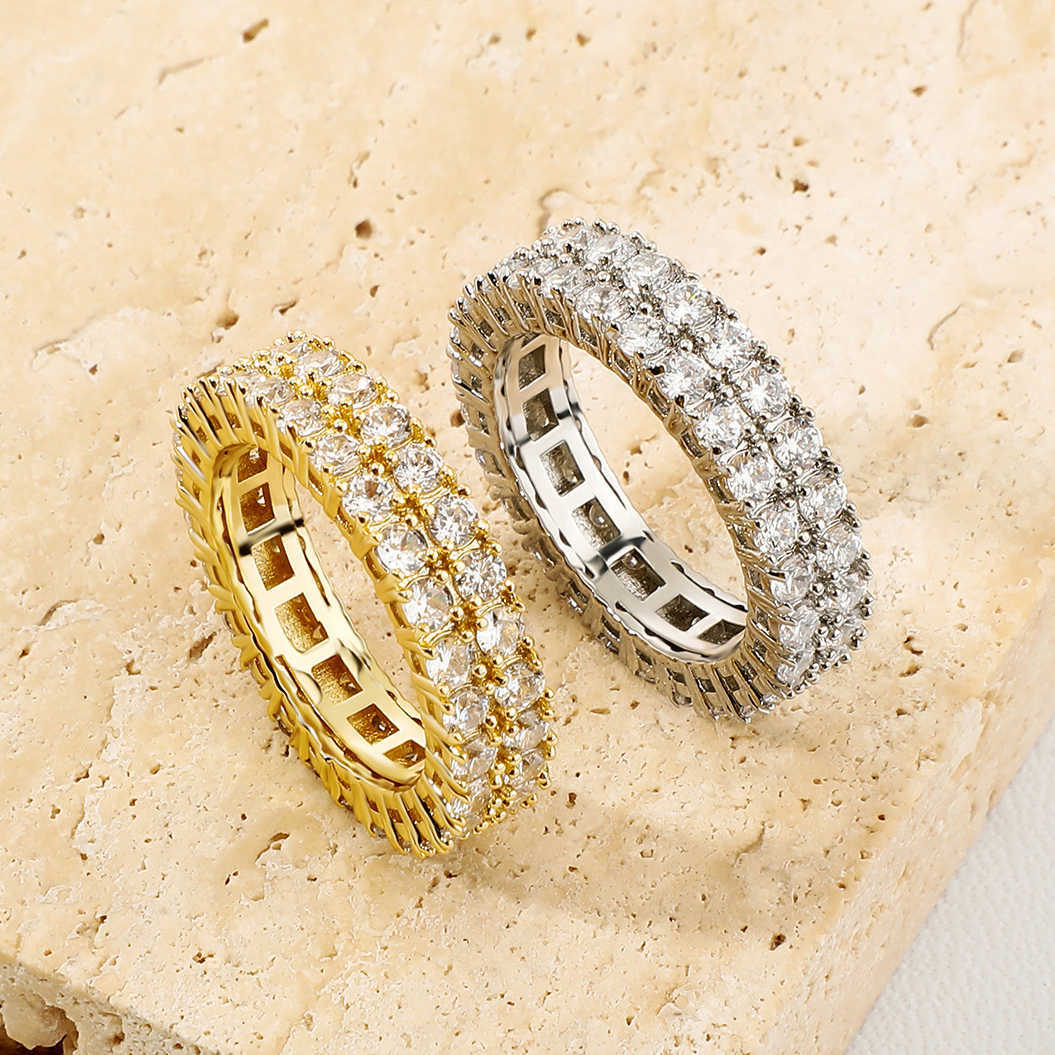 GZW 2.5mm-3mm New Double Row Full Zirconium Band Ring Prong Cubic Zirconia 14k Gold Color Preserving Plating Hip Hop Finger Rings For Men Women Simple