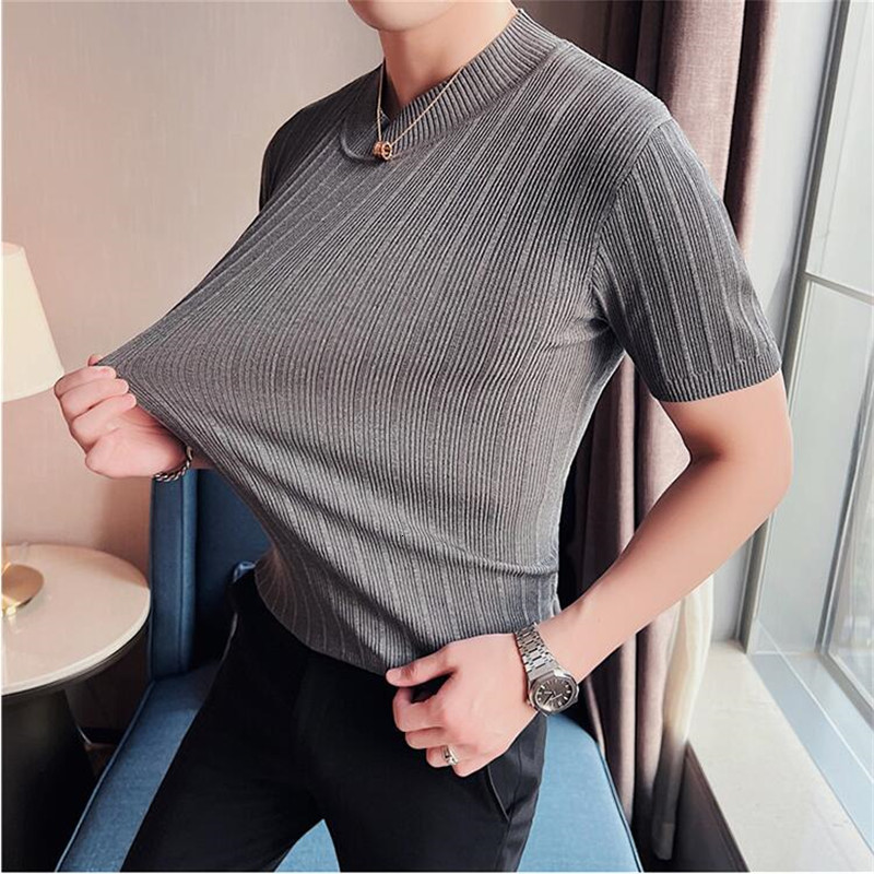 Men's T-Shirts Summer Knitted Elasticity T Shirt Men Half High Collar Short Sleeve Casual Slim Fit Sweater Tops Tees Social Club T-Shirt 230425