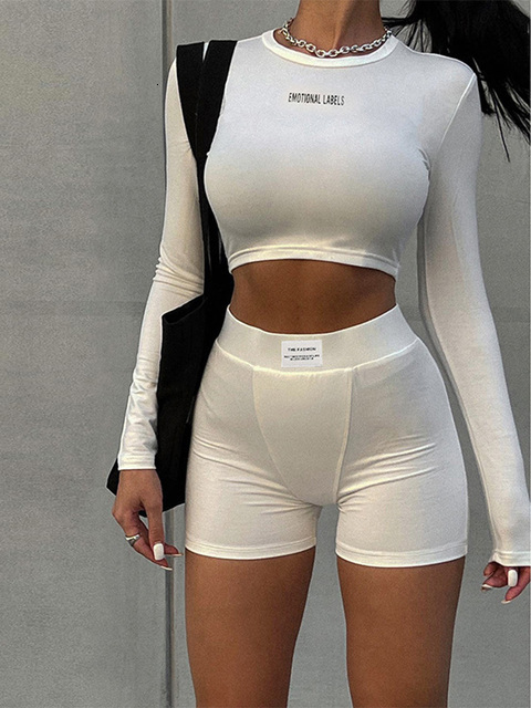Women's Tracksuits Hawhaw Long sleeved Crop Top and Shorts Two Piece Tracking Clothing Autumn Wholesale Products 230424