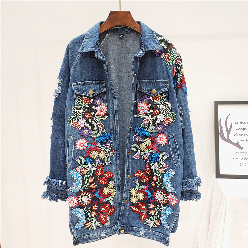 Women's Jackets Harajuku Heavy Duty Work Flower Embryo Hole denim Jacket Women's Street Clothing Autumn Medium Length Loose Casual Jeans Jac