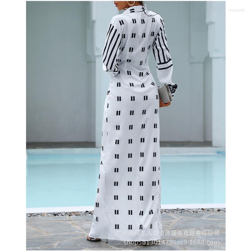 Casual Dresses Women Elegant Long Sleeve Turn Down Collar Folds Slit Floor Length Dress Print Colorblock Twisted Shirt