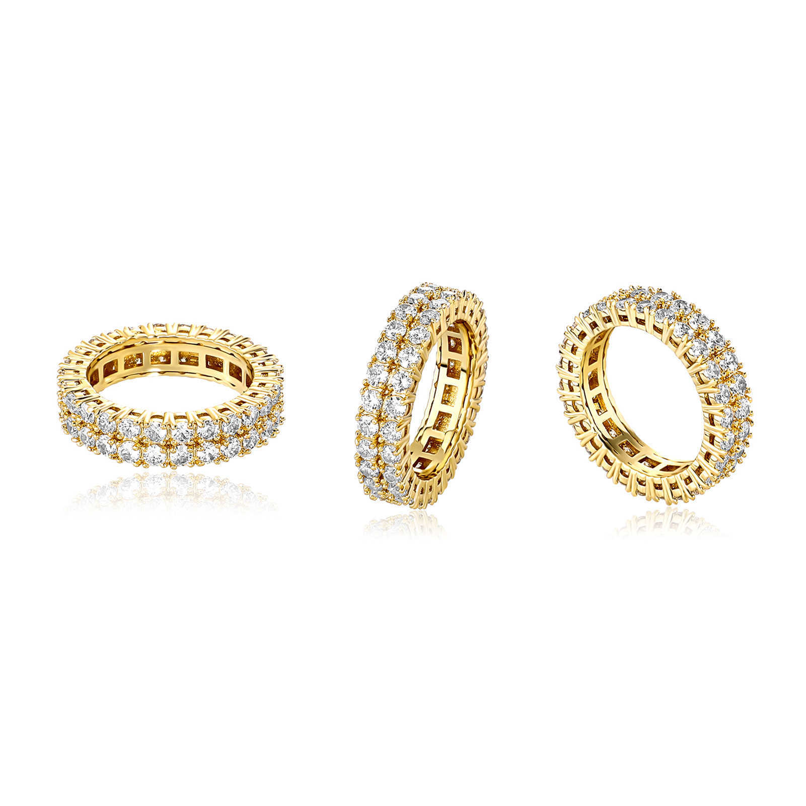 GZW 2.5mm-3mm New Double Row Full Zirconium Band Ring Prong Cubic Zirconia 14k Gold Color Preserving Plating Hip Hop Finger Rings For Men Women Simple