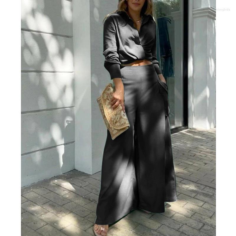 Women's Two Piece Pants 2 Set Suits 2023 Women Shirt ElegantTrousers Female Long Sleeve And Wide Leg Straight Streetwear