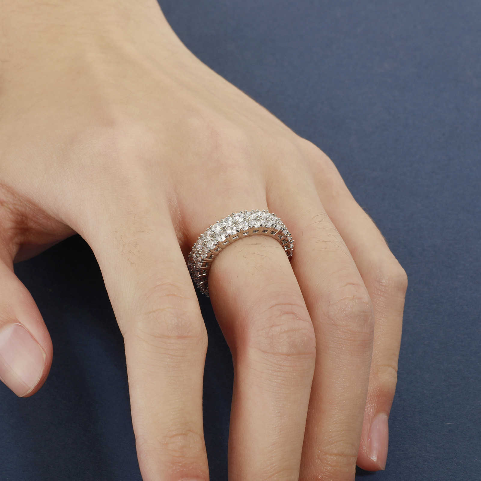 GZW 2.5mm-3mm New Double Row Full Zirconium Band Ring Prong Cubic Zirconia 14k Gold Color Preserving Plating Hip Hop Finger Rings For Men Women Simple