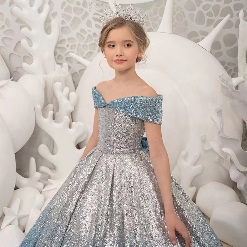 2023 Flower Girl Dresses for wedding sequined off shoulder big bow backless Kids Pageant Dress beaded Girls baby Birthday Party birthday party Christm