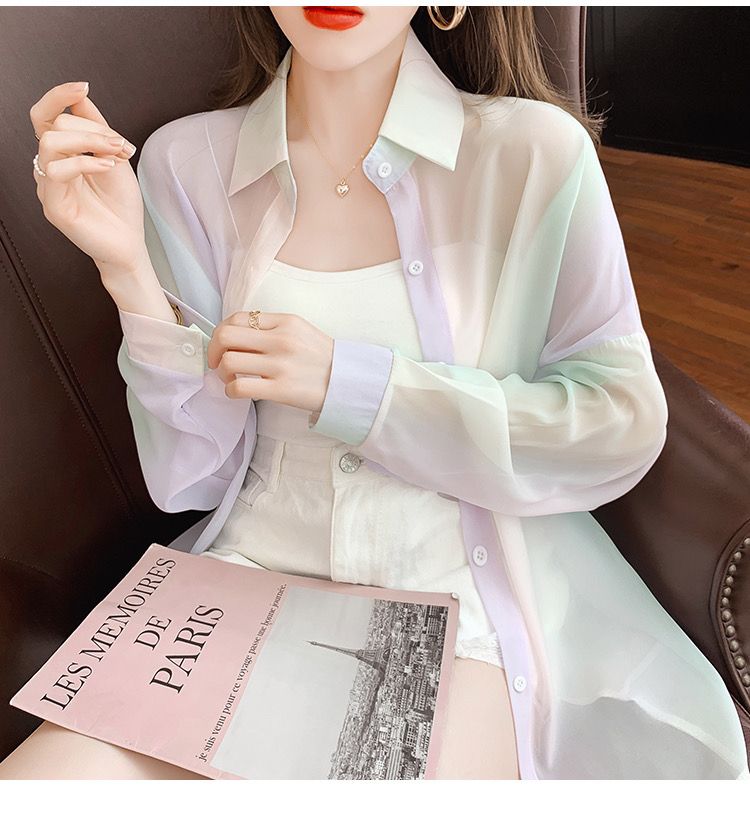 Womens new design blouse turn down collar tie-dying gradient print chiffon loose sunscreen shirt SMLXL