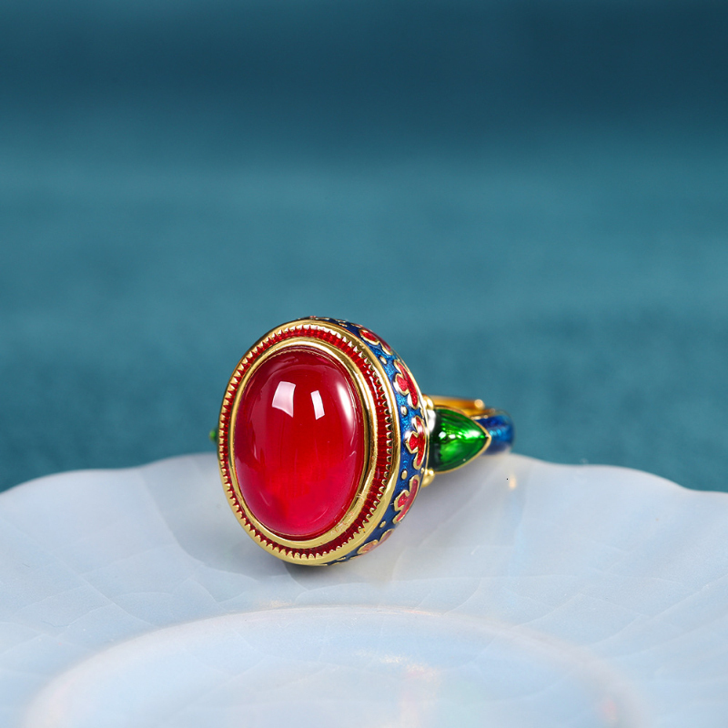 Solitaire Ring Original ancient gold craftsmanship natural carnelian rings for women flower enamel national style light Wedding jewelry 230424