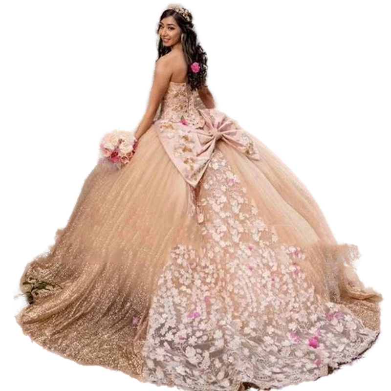 Sparkly Sequined Quinceanera Dresses With 3D Floral Appliques Sleeveless Sweetehart Neck Lace-Up Bow Back Champagne Beaded Princess Prom Party Pageant
