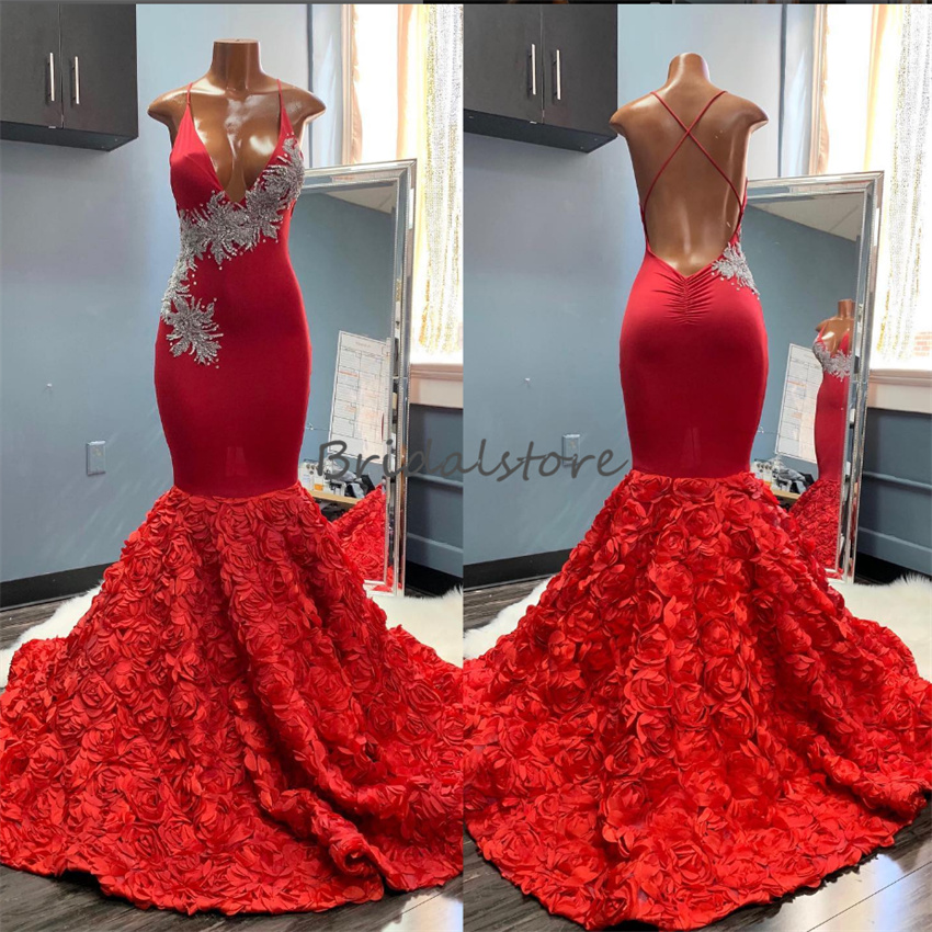 Elegant Red Black Girls Prom Dress With 3D Rose Florals Sexy Deep V Neck Backless Mermaid Evening Gowns Formal Birthday Dress 2023 vestidos de festa r