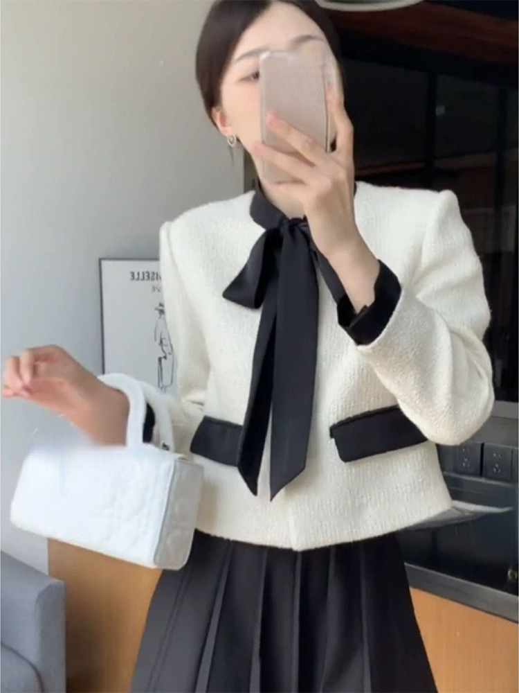 Women's Jackets Y2k Elegant Loose Women's Crop Coat Autumn O-Neck Cute Bow Patch Work Women's Contrast Color Matching Sweet tweed Jacke