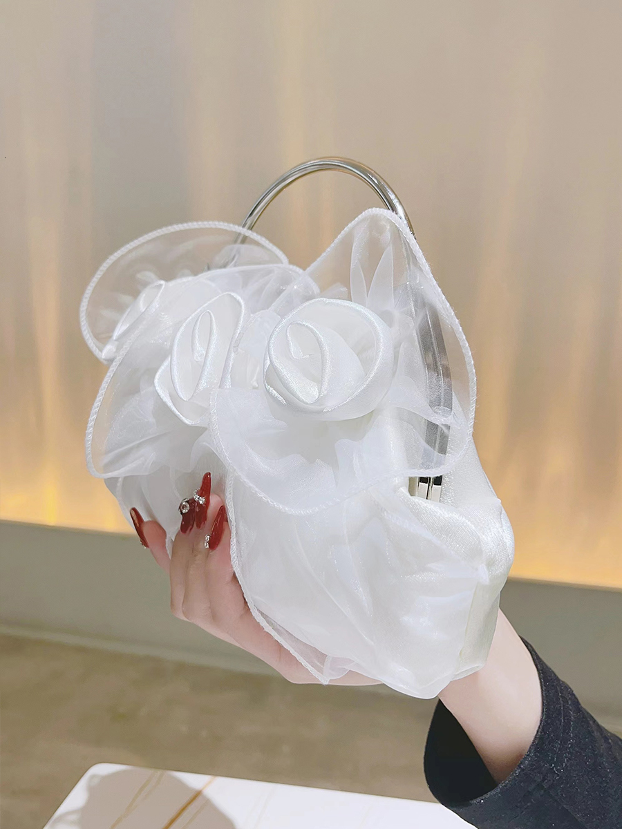 Evening Bags Flower Petal Clutch Bridal Handbag Evening Bag Satin Rose Elegant Purse For Bridesmaid Wedding Party Formal White Handle Bag 230425