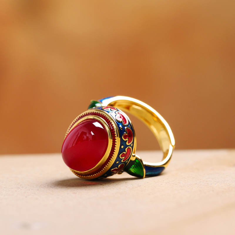 Solitaire Ring Original ancient gold craftsmanship natural carnelian rings for women flower enamel national style light Wedding jewelry 230424