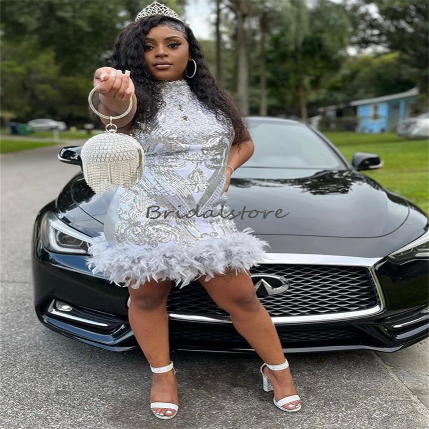 Glitter Sequin Silver Prom Dress With Feather High Neck Mini Short Cocktail Party Dresses 2023 Plus Size Graduation Dresses Dinner Homecoming Evening 