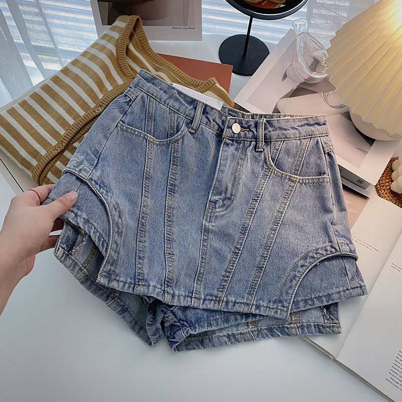 Women's Shorts Summer Women's Blue Black Shorts Fashion High Waist Spliced Solid Color Irregular A-line Wide Leg Denim Shorts Female 230425
