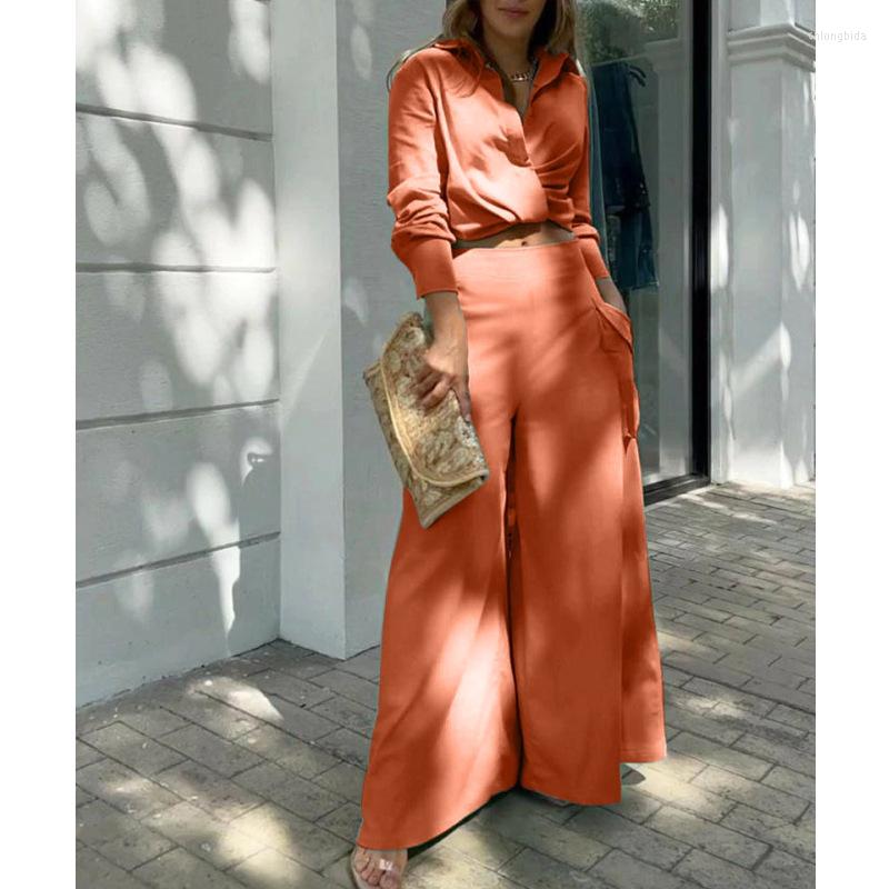 Women's Two Piece Pants 2 Set Suits 2023 Women Shirt ElegantTrousers Female Long Sleeve And Wide Leg Straight Streetwear