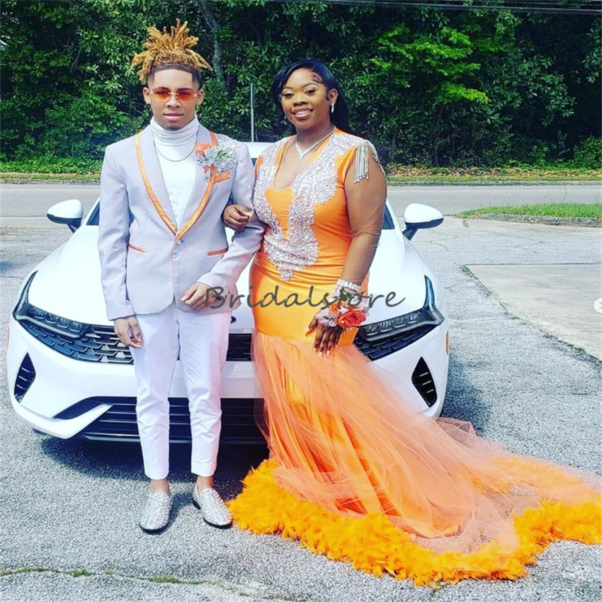 Plus Size Orange Feather Prom Dress For Black Girls Luxury Beaded Long Sleeve Birthday Evening Gowns Sexy V Neck Formal Occasion Graduation Party Dres