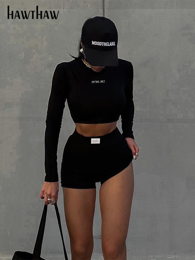 Women's Tracksuits Hawhaw Long sleeved Crop Top and Shorts Two Piece Tracking Clothing Autumn Wholesale Products 230424