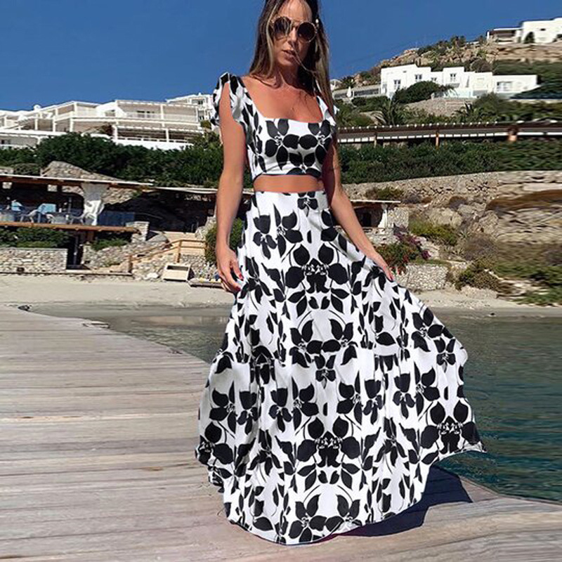 Two Piece Dress Large Size Summer 2 Piece Set Women Crop Top High Waist Long Skirt Set Maxi Matching Sets Printed Boho Sexy Beach Dresses Set 230424