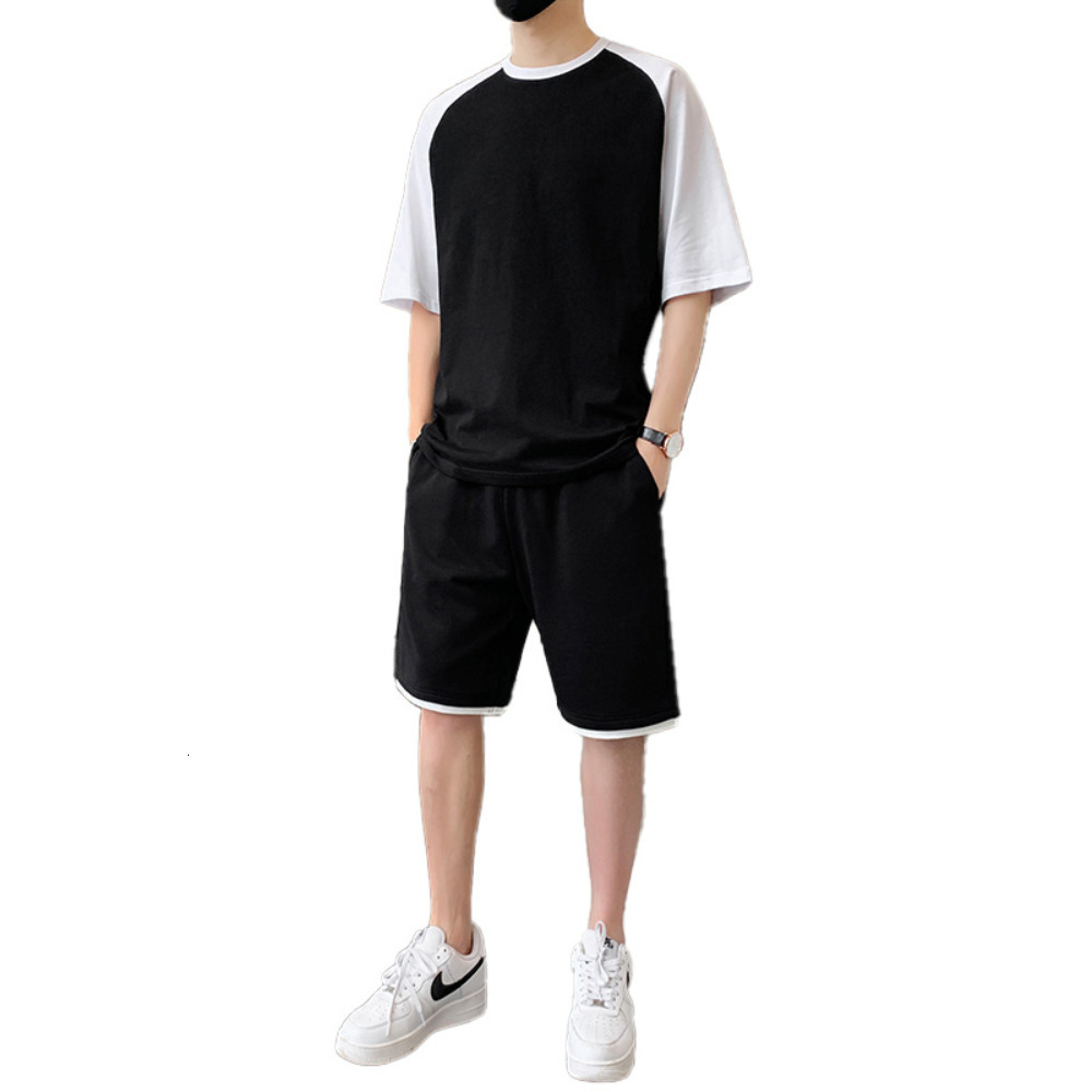 Men's Tracksuits Korean Fashion 2 Piece Set Men Summer Clothes Patchwork Tracksuits Men Sports Wear Streetwear Outfits Men Clothing Pure Cotton 2