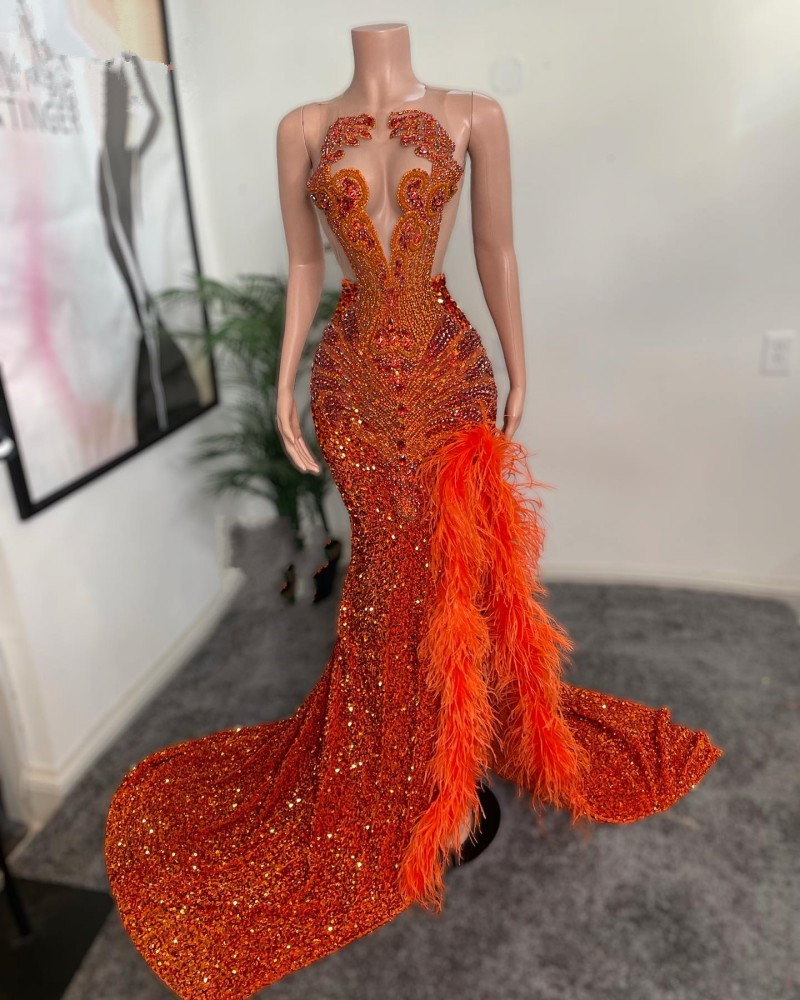 Orange Feathers Prom Dresses For Black Girls High Split Beaded African Women Pageant evening Gowns Vestido De Graduacion