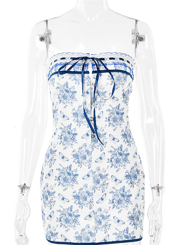 Two Piece Dress Fantoye Floral Printed Vacation Women Offshoulder Blue Metal Button Spring Skinny Elegant Outside Female Mini 2023 230425