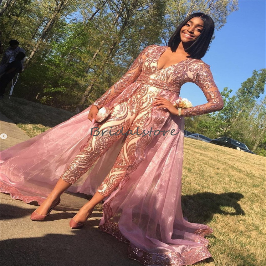 Rose Pink Sequin Jumpsuit Prom Dress With Overskirt Luxury V Neck Long Sleeve Black Girls Evening Gowns Aso Ebi Formal Ceremony Reception Party Pant F